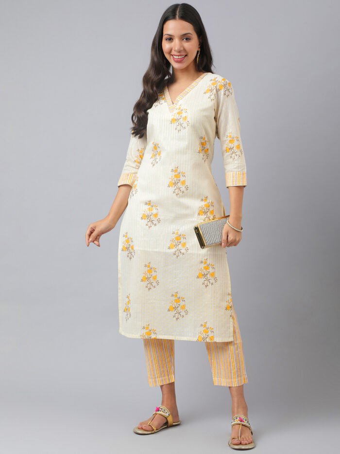Women Floral Print Straight Kurta with Pants - Image 2