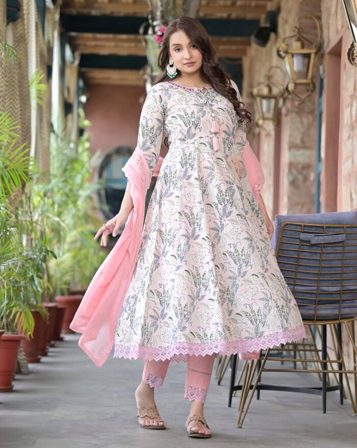 Opive Women's Cotton Solid Anarkali Kurta with Pant & Dupatta - Image 3