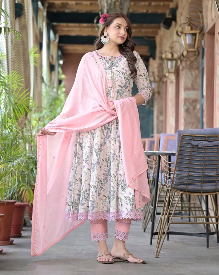 Opive Women's Cotton Solid Anarkali Kurta with Pant & Dupatta - Image 2