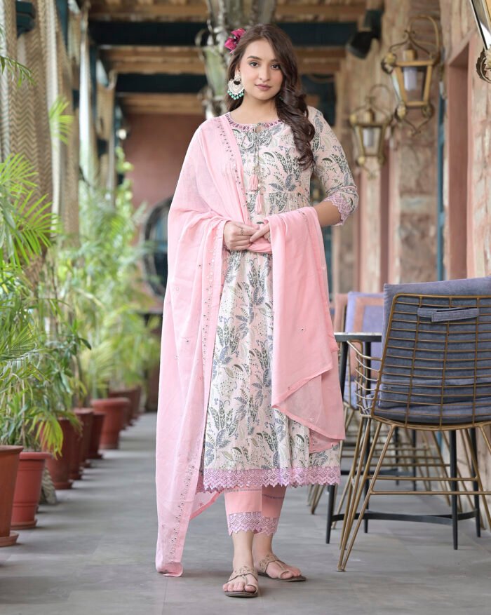 Opive Women's Cotton Solid Anarkali Kurta with Pant & Dupatta