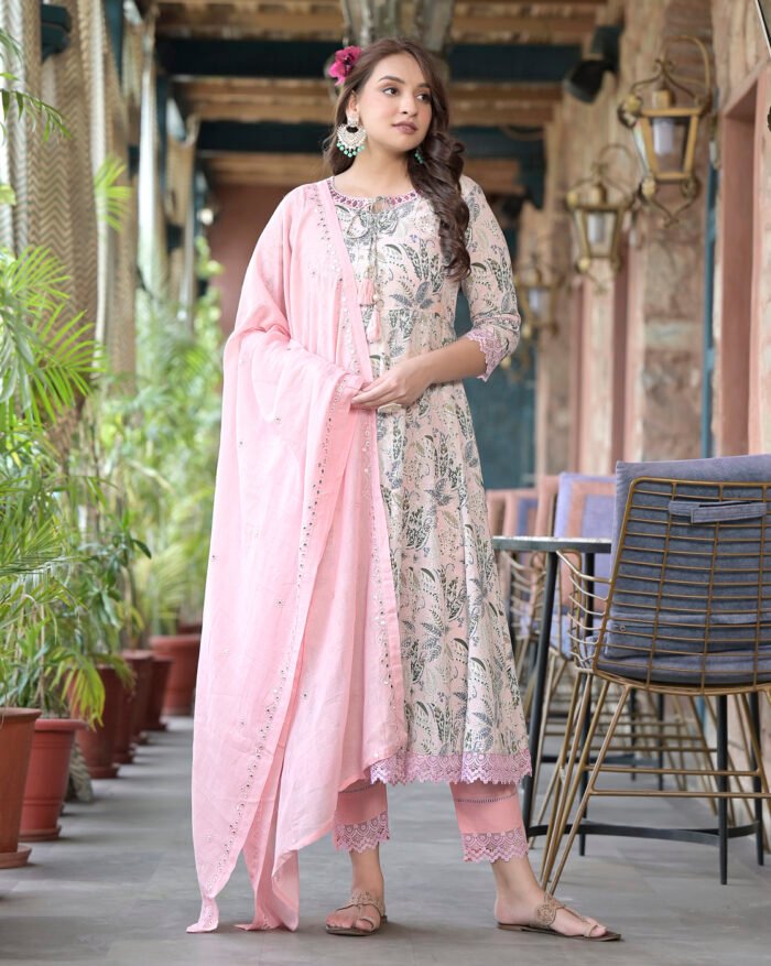 Opive Women's Cotton Solid Anarkali Kurta with Pant & Dupatta - Image 5