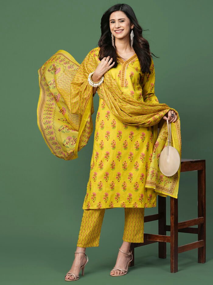 Opive Fashion Women's Cotton V Neck Straight Kurta Pant And Dupatta Set - Image 2
