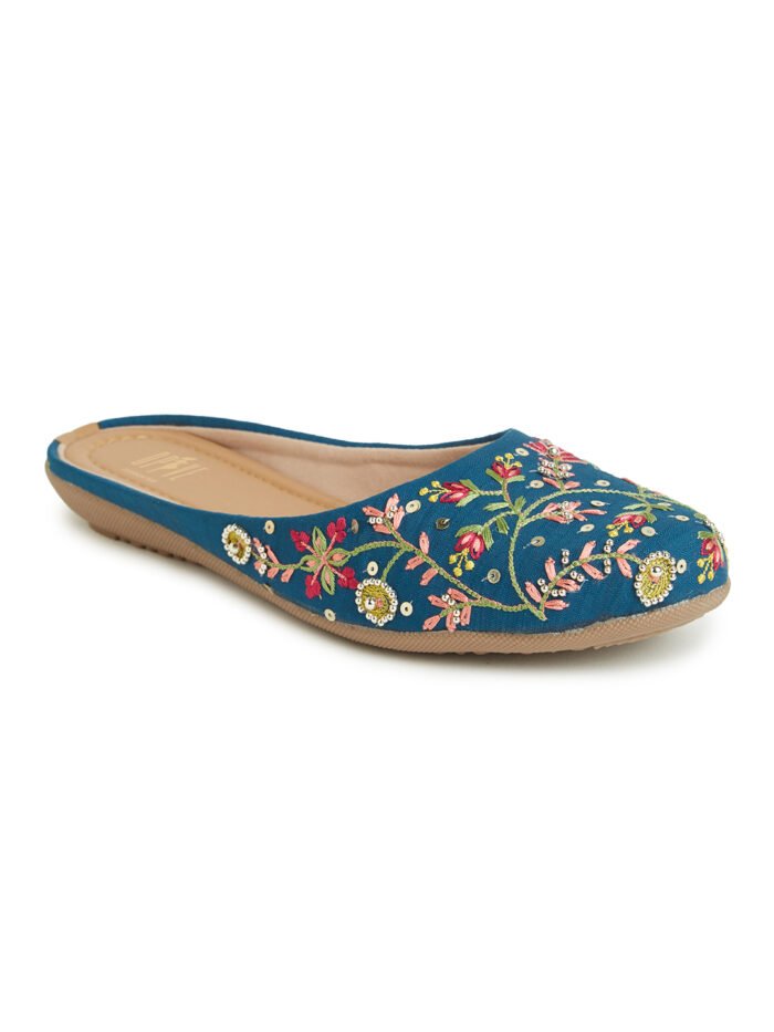 Women Teal Blue Embellished Ethnic Mules - Image 4