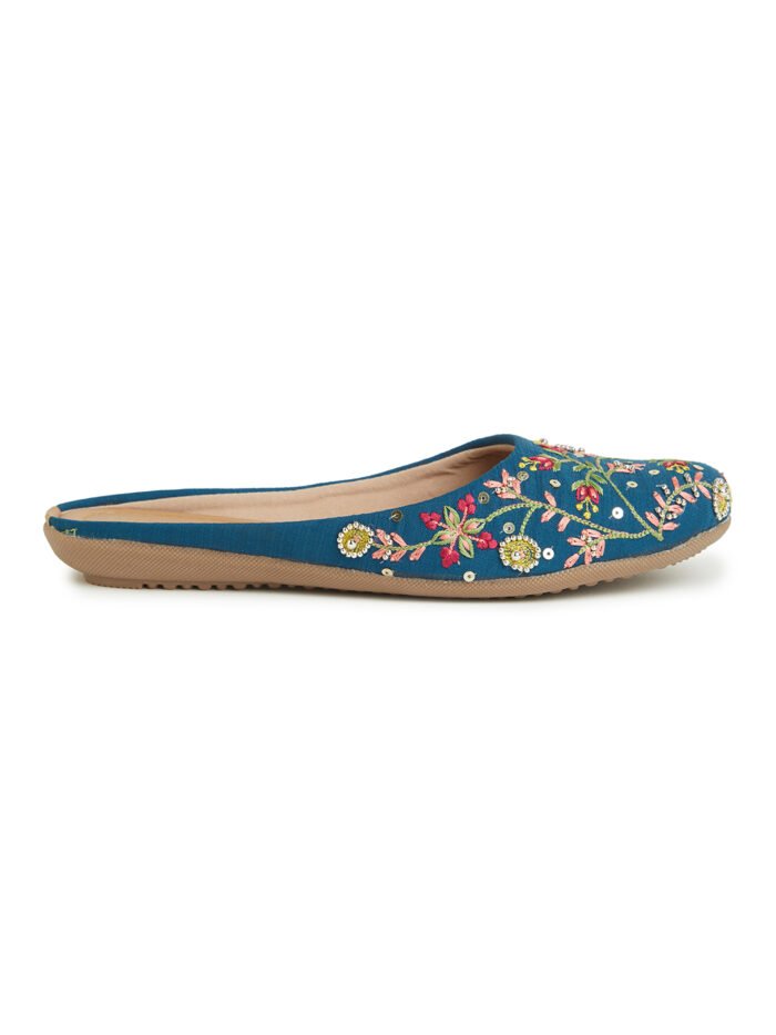 Women Teal Blue Embellished Ethnic Mules - Image 3
