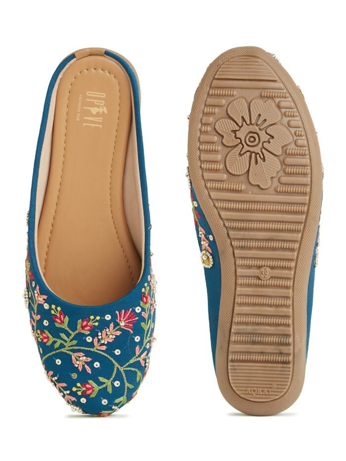 Women Teal Blue Embellished Ethnic Mules - Image 5