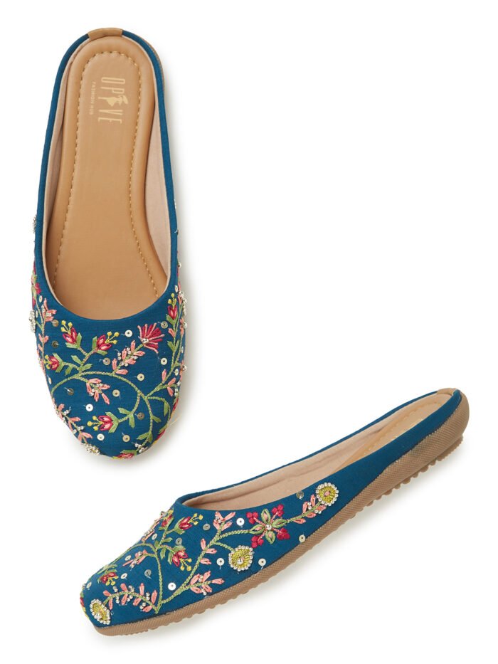 Women Teal Blue Embellished Ethnic Mules - Image 2
