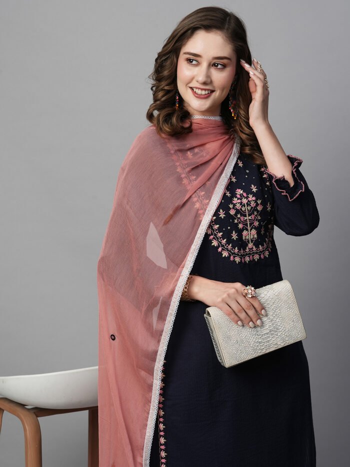 Women Embroidered Regular Sequinned Kurta with Trousers & With Dupatta