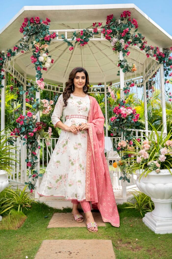 Floral Printed Anarkali Pure Cotton Kurta with Trousers & Dupatta