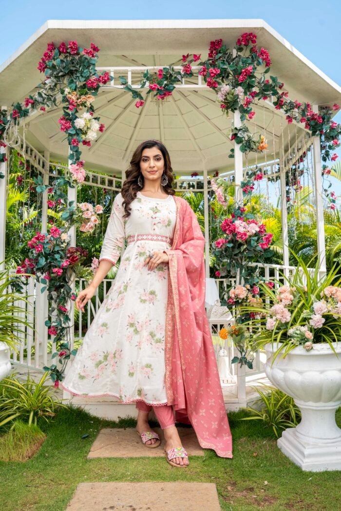 Floral Printed Anarkali Pure Cotton Kurta with Trousers & Dupatta - Image 6