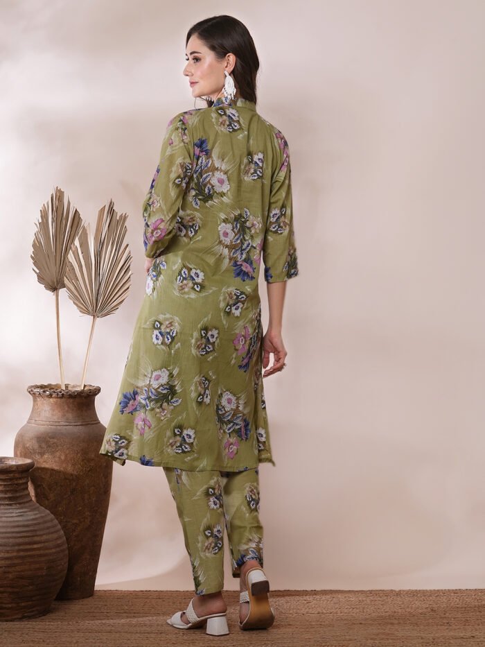 Opive's Olive Floral Printed A-Line Kurta With Trousers - Image 5