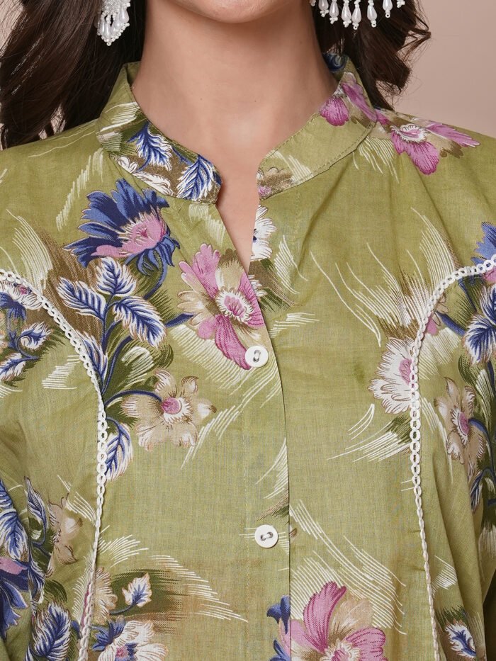 Opive's Olive Floral Printed A-Line Kurta With Trousers - Image 6