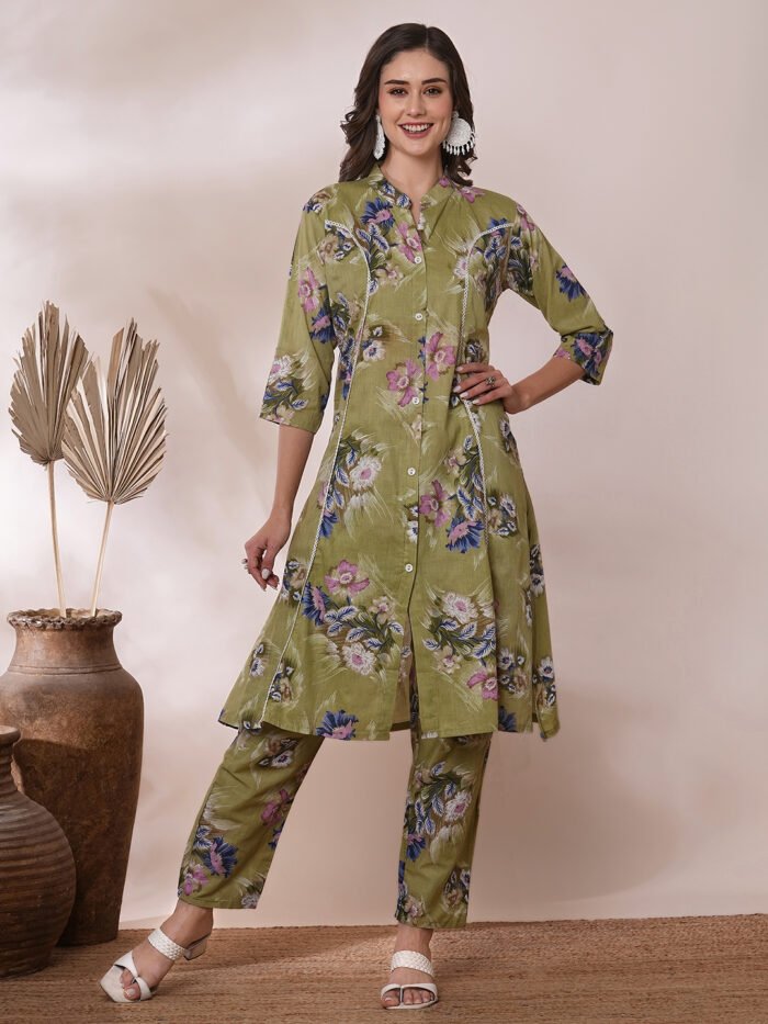 Opive's Olive Floral Printed A-Line Kurta With Trousers - Image 3
