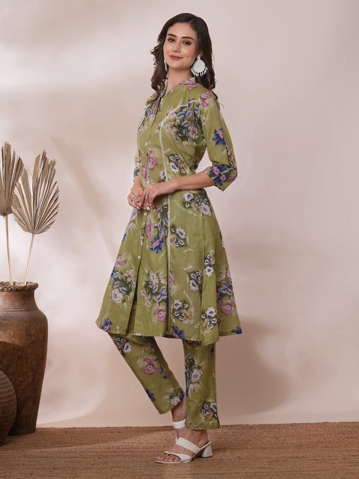 Opive's Olive Floral Printed A-Line Kurta With Trousers - Image 4