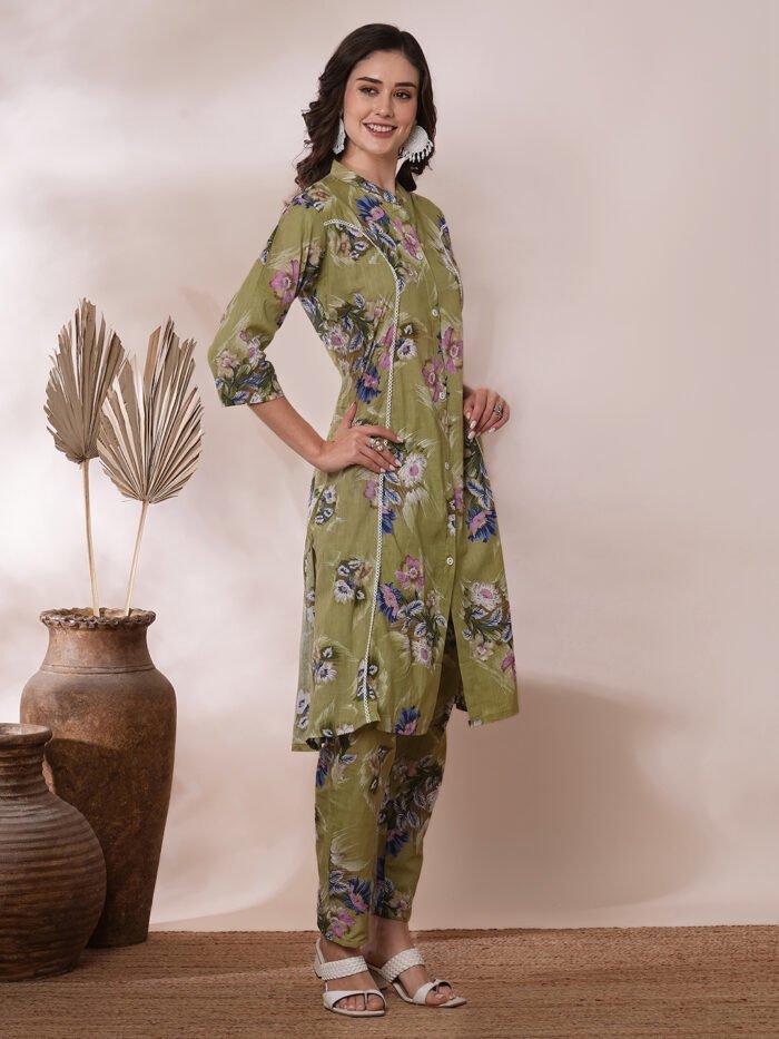 Opive's Olive Floral Printed A-Line Kurta With Trousers - Image 7