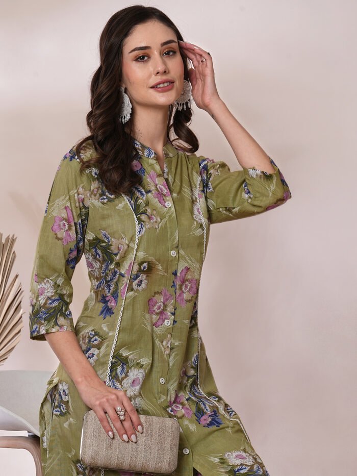 Opive's Olive Floral Printed A-Line Kurta With Trousers - Image 2