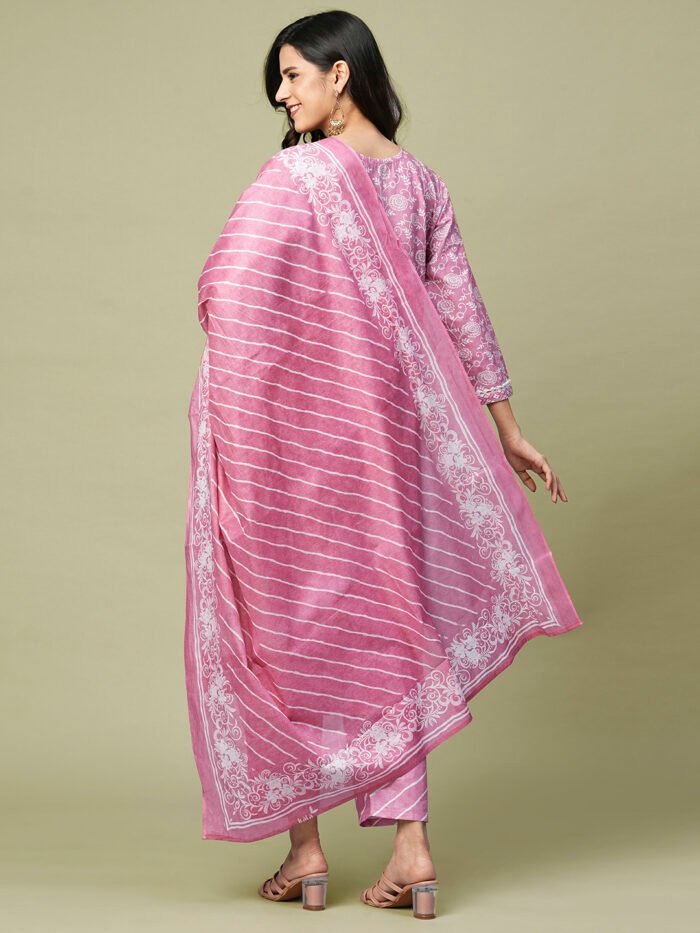 Opive Women Pink Floral Printed Design Cotton Kurta with Trousers & Dupatta - Image 6