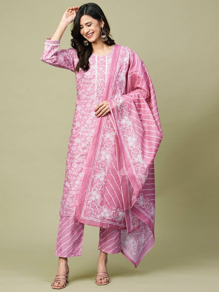 Opive Women Pink Floral Printed Design Cotton Kurta with Trousers & Dupatta - Image 8