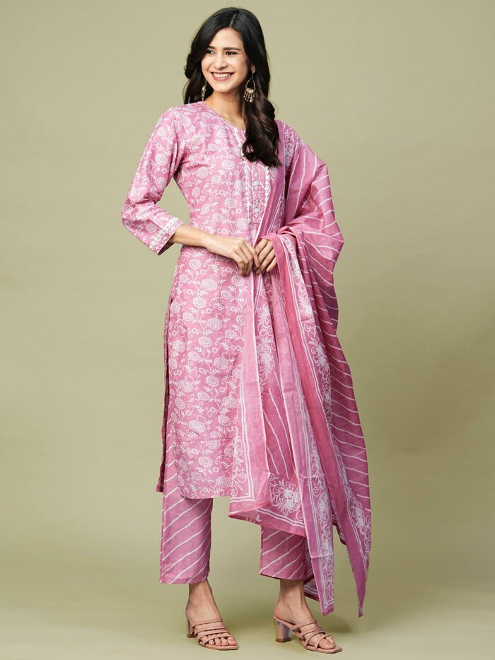 Opive Women Pink Floral Printed Design Cotton Kurta with Trousers & Dupatta - Image 5