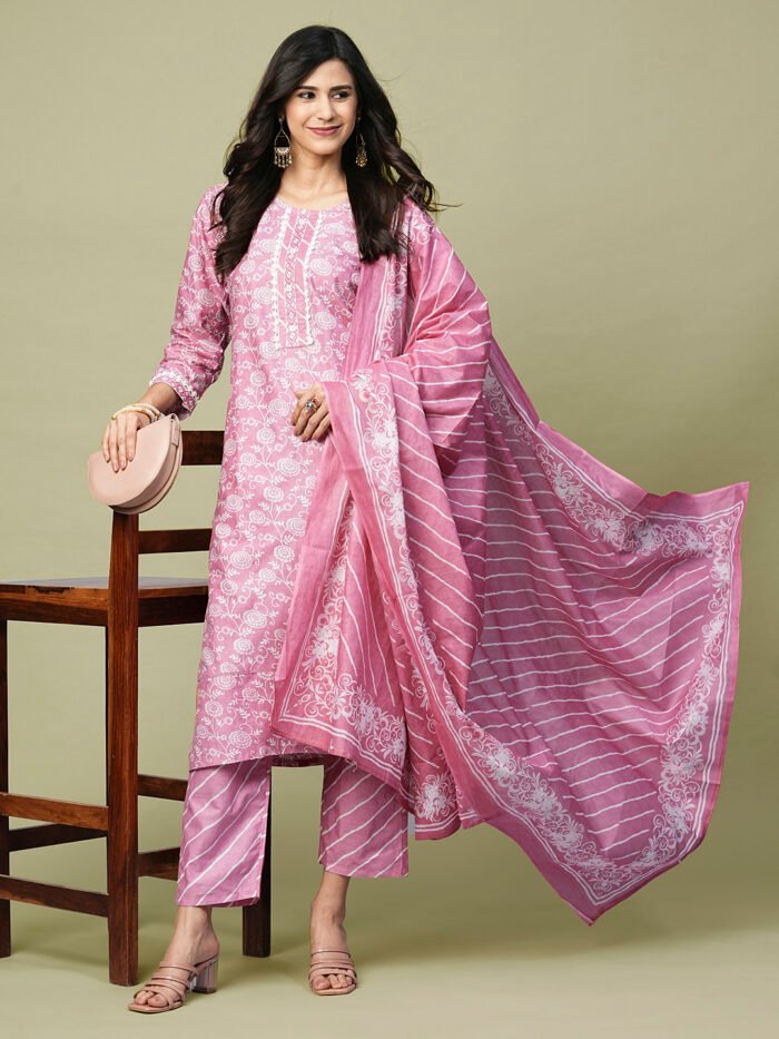 Opive Women Pink Floral Printed Design Cotton Kurta with Trousers & Dupatta