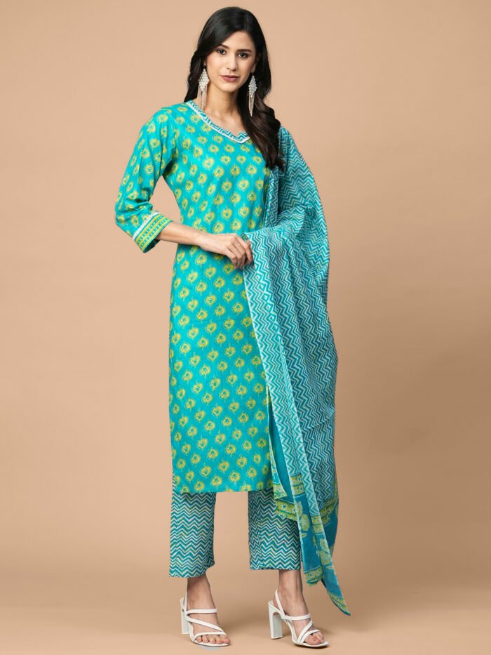 Floral Printed Pure Cotton Kurta With Pant & Dupatta - Image 3
