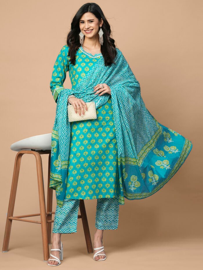 Floral Printed Pure Cotton Kurta With Pant & Dupatta