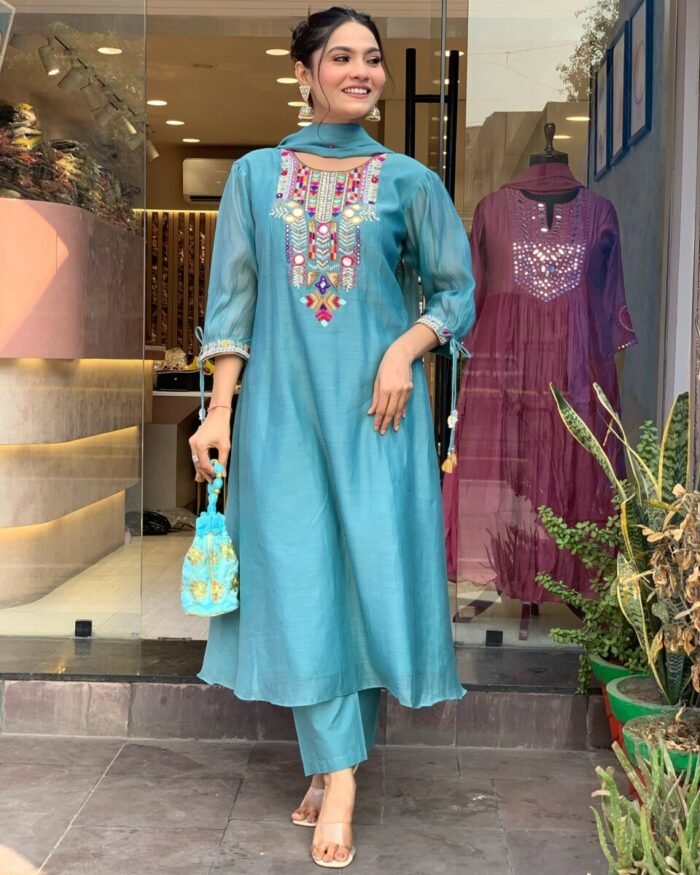 Sky Blue Cotton Handwork A Line Festive Suit - Image 6