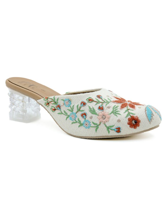 Royal Garden Cream Embroidered Block Heels - Image 4