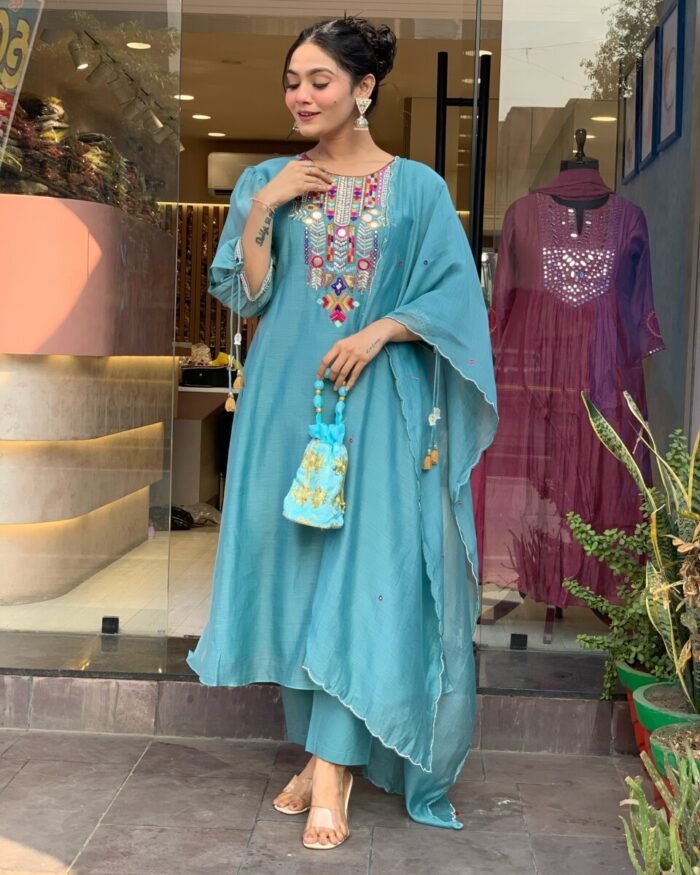 Sky Blue Cotton Handwork A Line Festive Suit - Image 4
