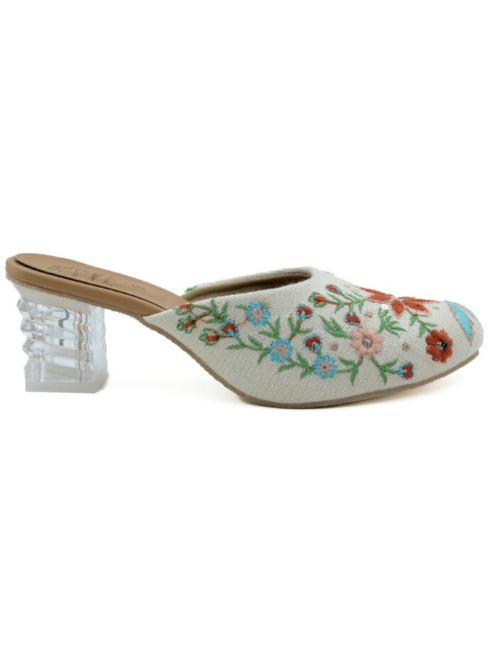 Royal Garden Cream Embroidered Block Heels - Image 3
