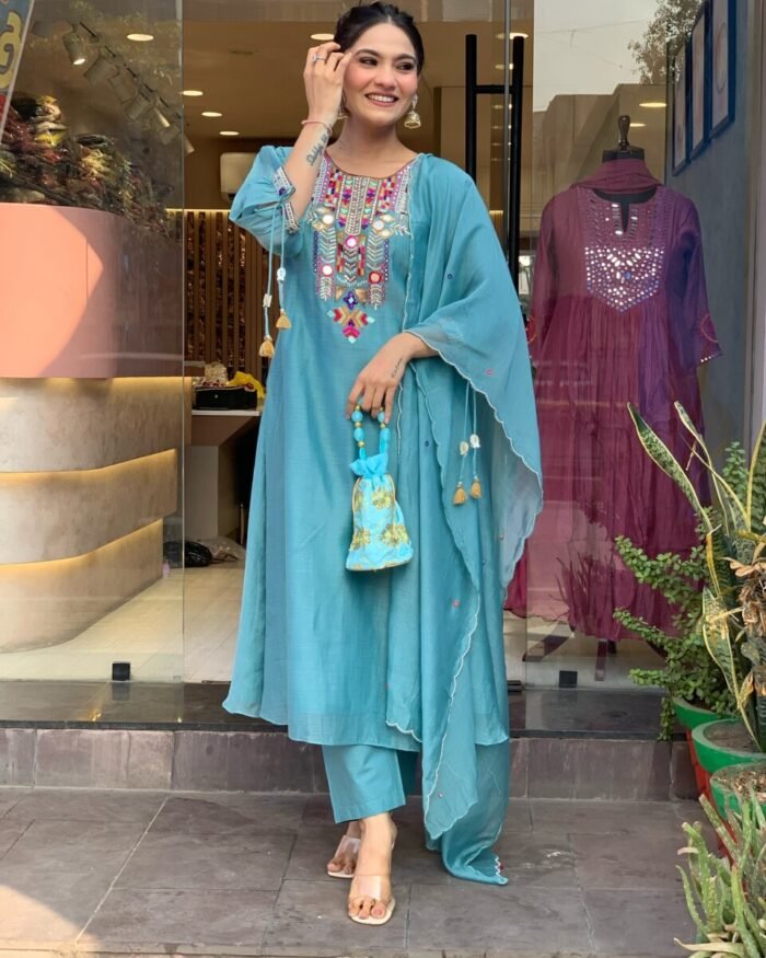 Sky Blue Cotton Handwork A Line Festive Suit - Image 2