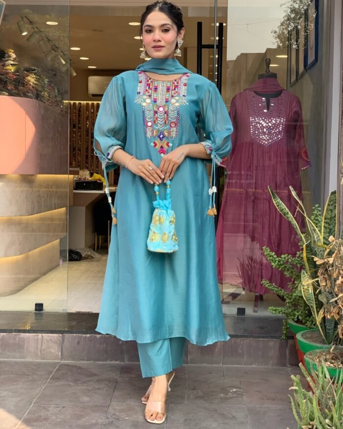 Sky Blue Cotton Handwork A Line Festive Suit