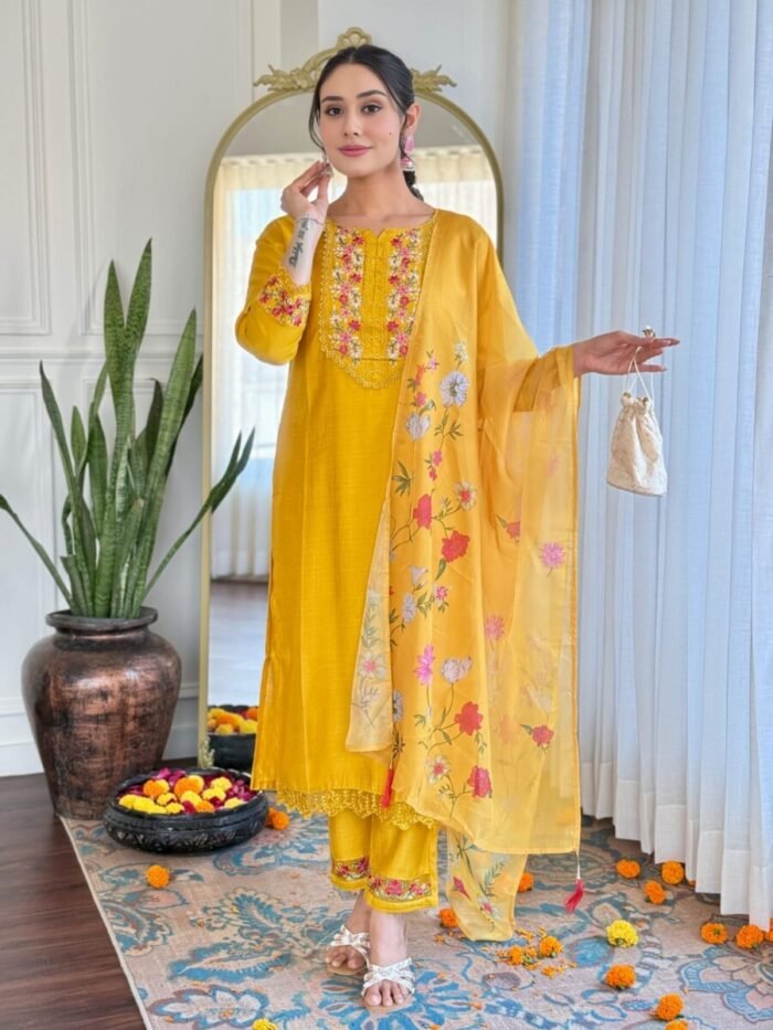 Yellow Thread work Cotton Suit