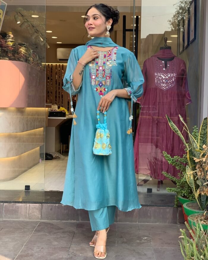 Sky Blue Cotton Handwork A Line Festive Suit - Image 3