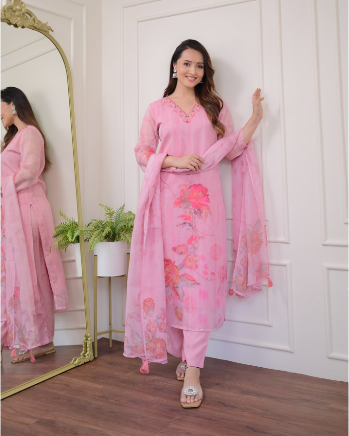 Pink Floral Cotton Suit