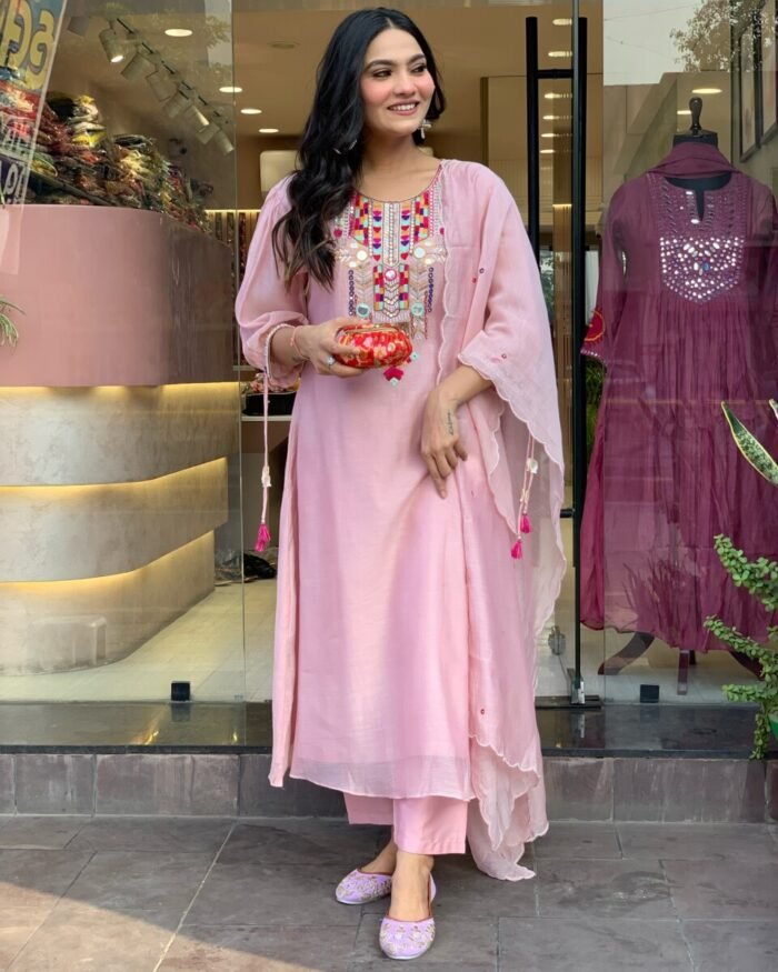 Pink Cotton Handwork A Line Festive Suit - Image 2