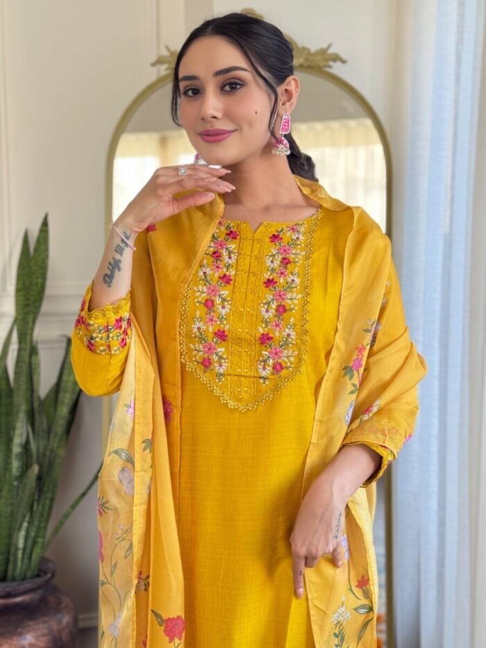 Yellow Thread work Cotton Suit - Image 5
