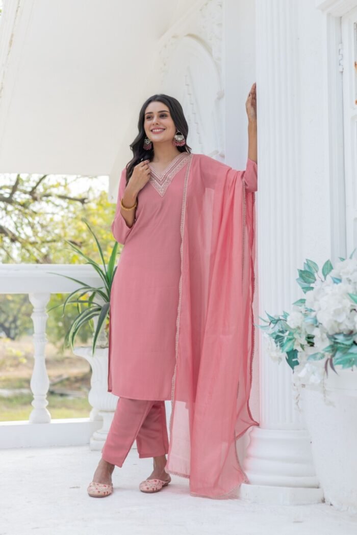 Pink Cotton Handwork  Festive Suit - Image 2