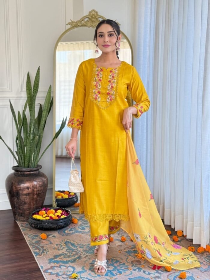 Yellow Thread work Cotton Suit - Image 2