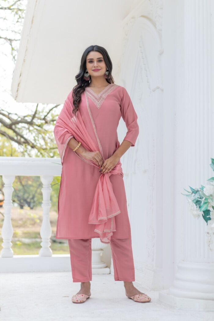 Pink Cotton Handwork  Festive Suit - Image 3