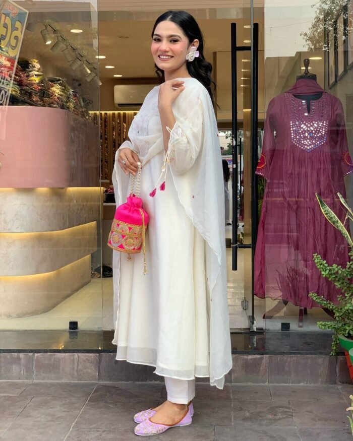 White Cotton Handwork A Line Festive Suit - Image 4