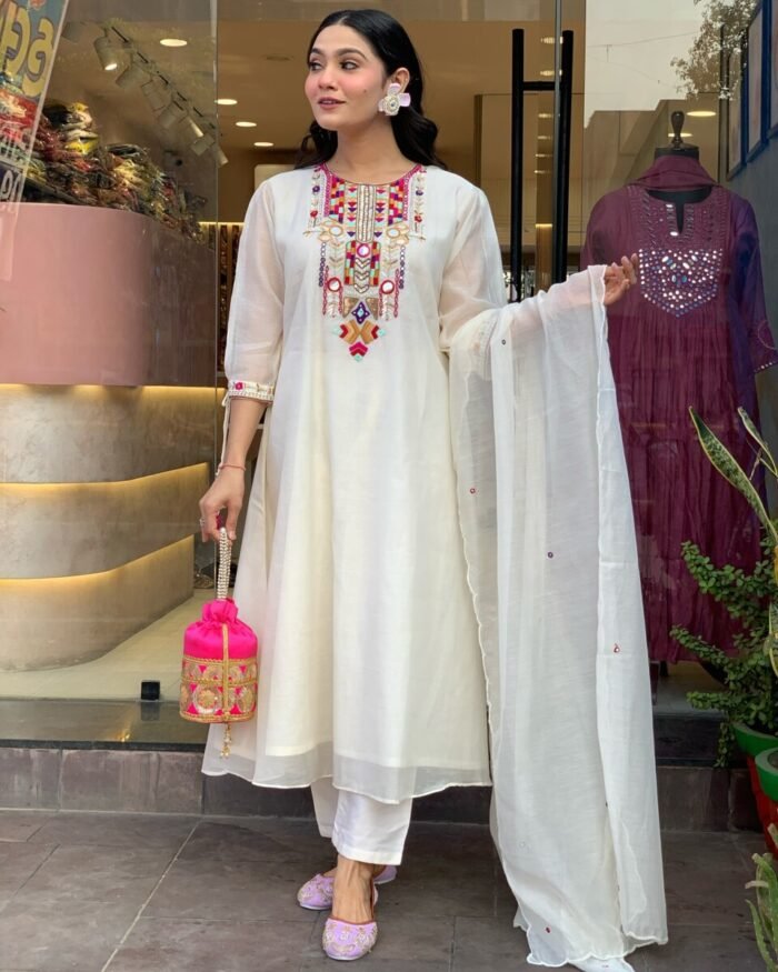 White Cotton Handwork A Line Festive Suit