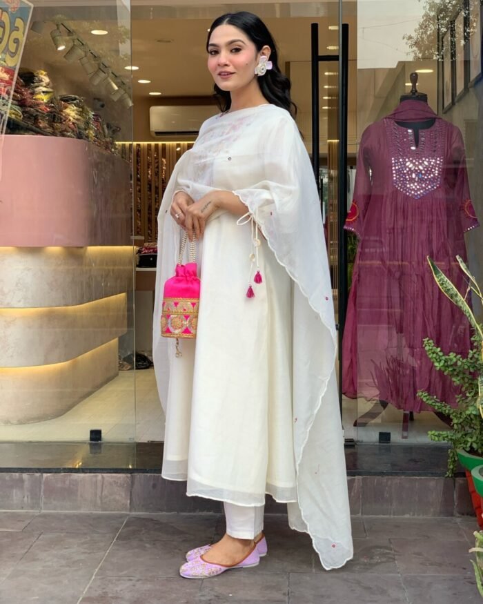 White Cotton Handwork A Line Festive Suit - Image 3