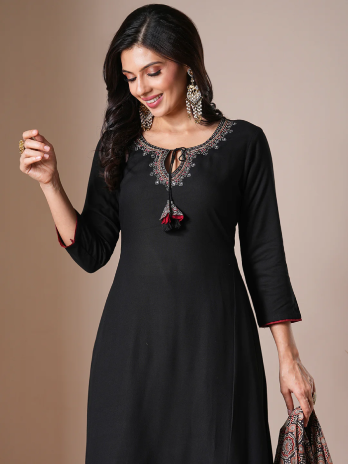 Black Cotton Handwork A Line Festive Suit - Image 5