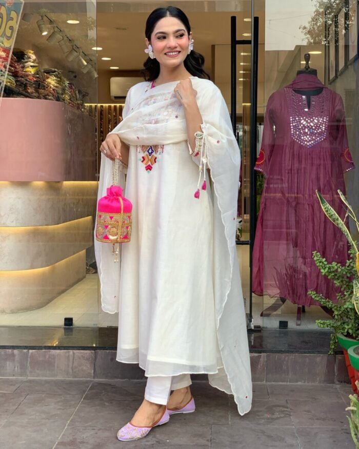 White Cotton Handwork A Line Festive Suit - Image 2