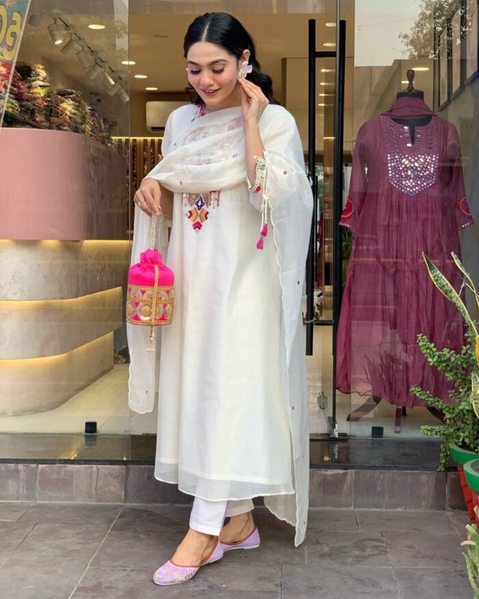White Cotton Handwork A Line Festive Suit - Image 6