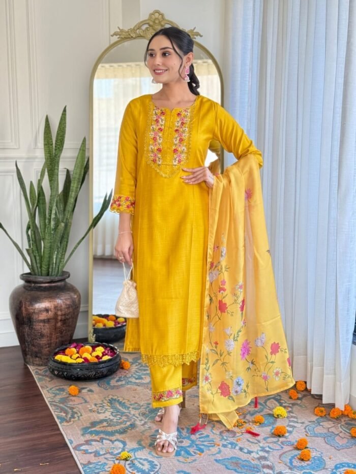 Yellow Thread work Cotton Suit - Image 3