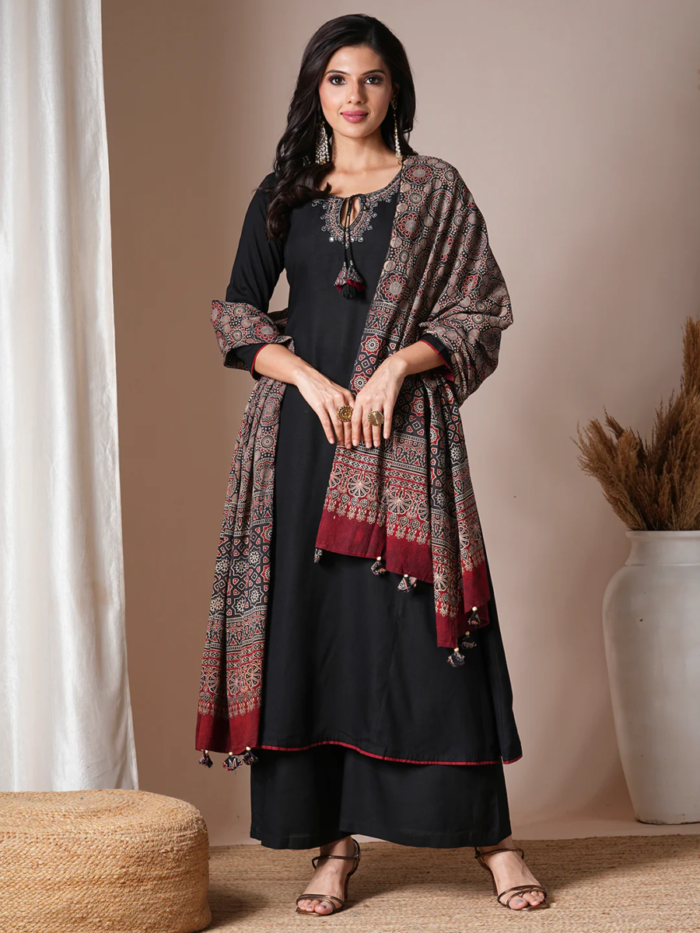 Black Cotton Handwork A Line Festive Suit
