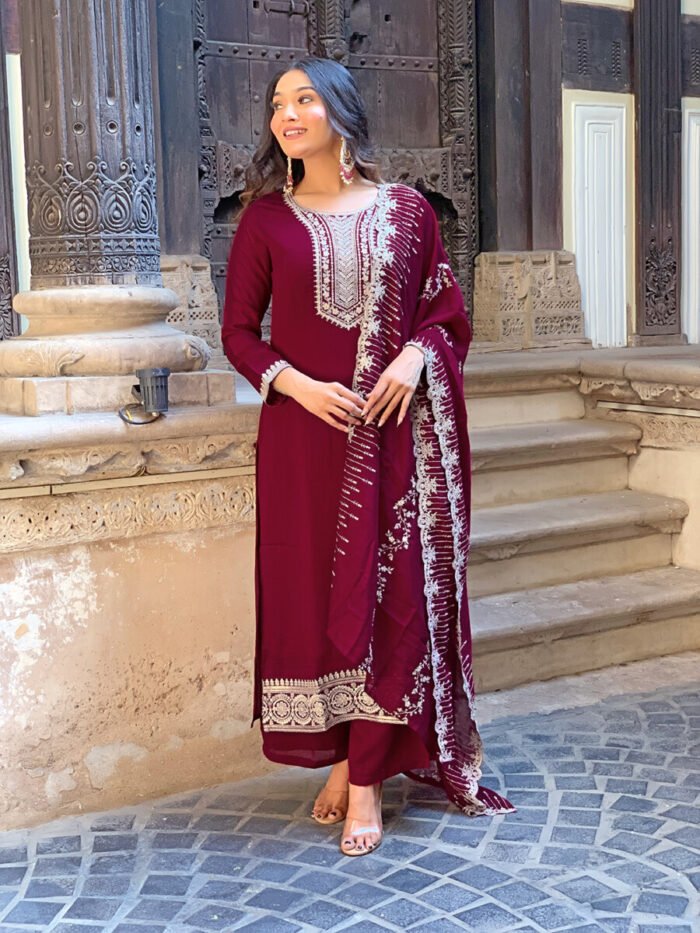 Maroon Threadwork Cotton Festive Suit - Image 5