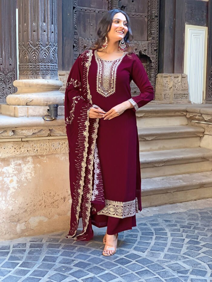 Maroon Threadwork Cotton Festive Suit - Image 4