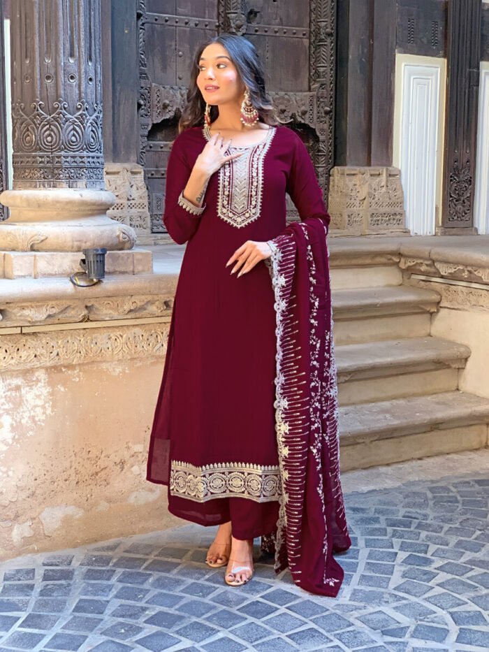 Maroon Threadwork Cotton Festive Suit
